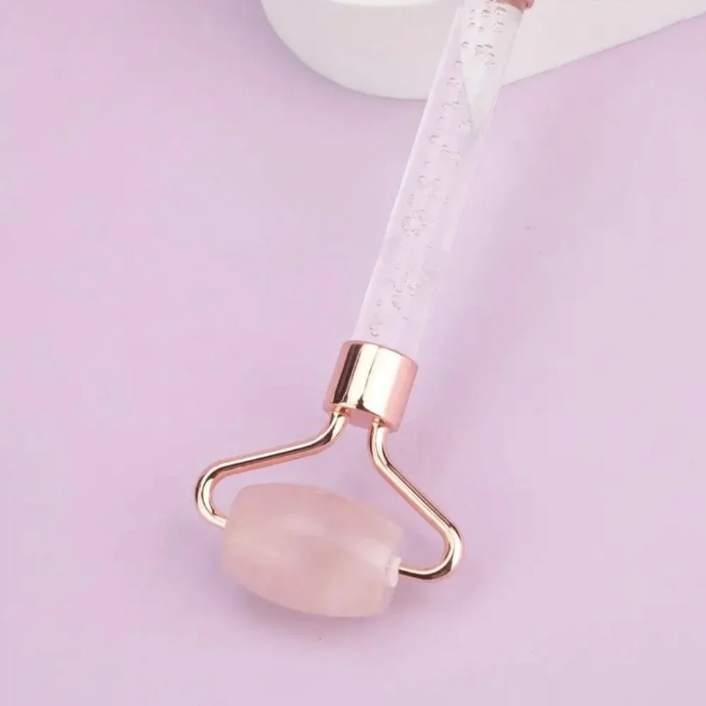 Pink Rose Quartz Dual-Head Massage Roller for Facial and Body